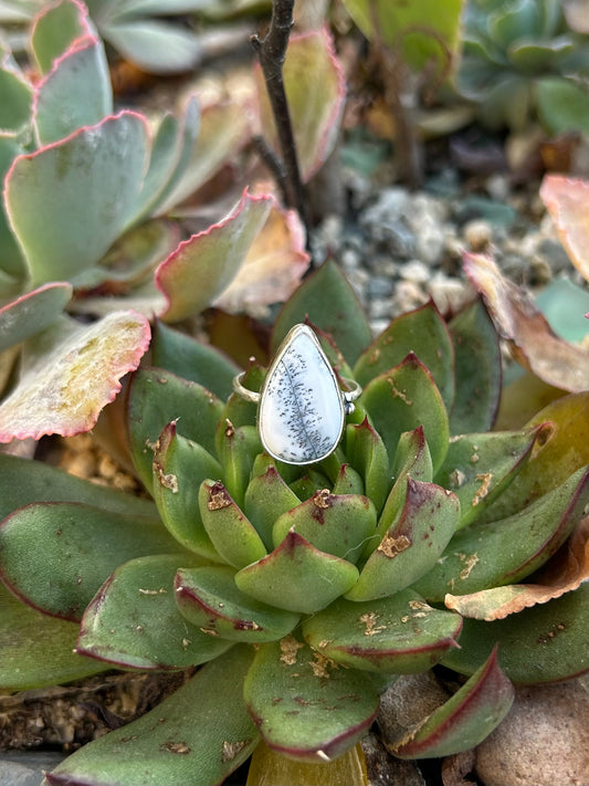 Dendritic Tear Drop Agate Sterling Silver Ring