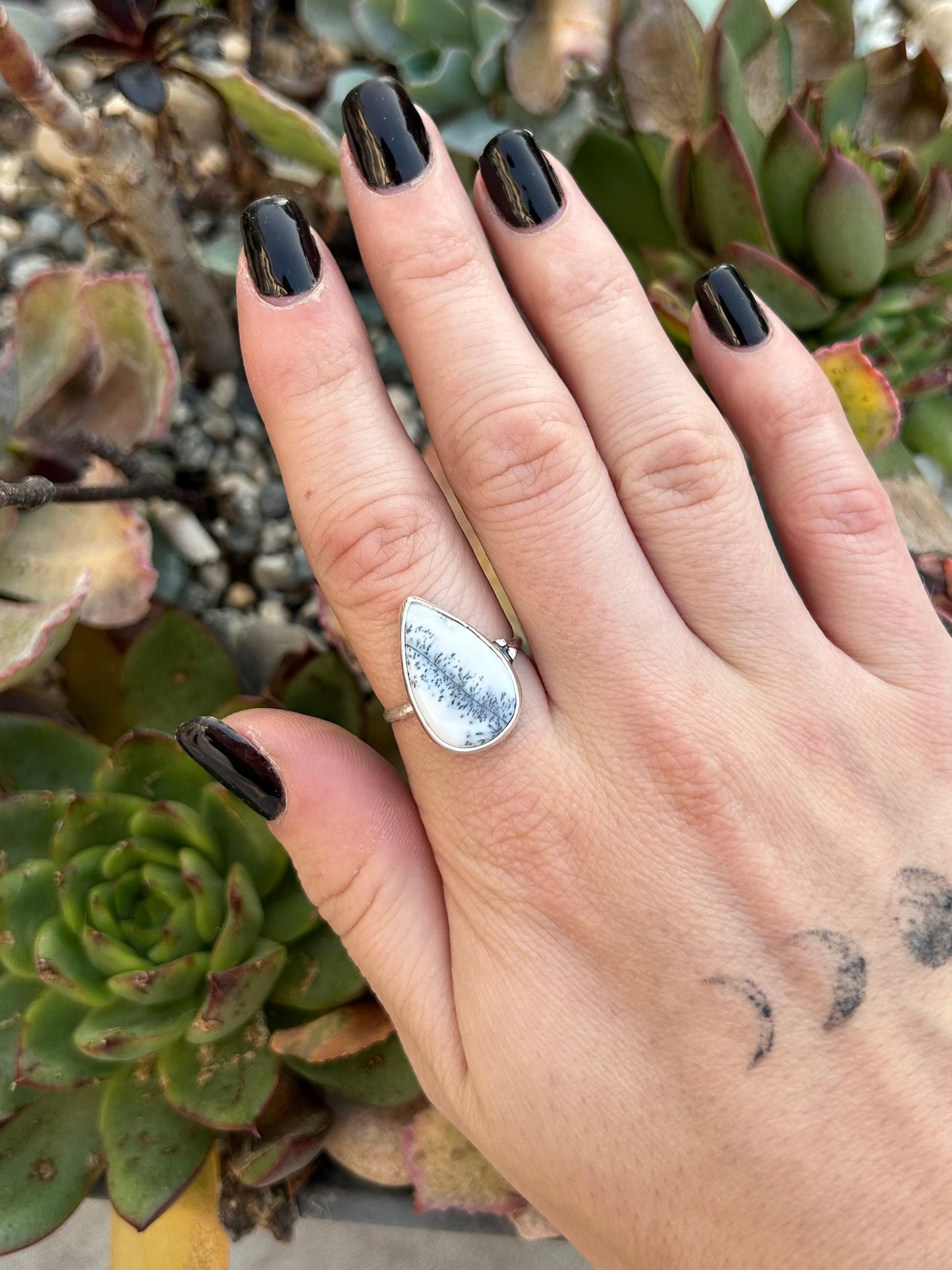 Dendritic Tear Drop Agate Sterling Silver Ring