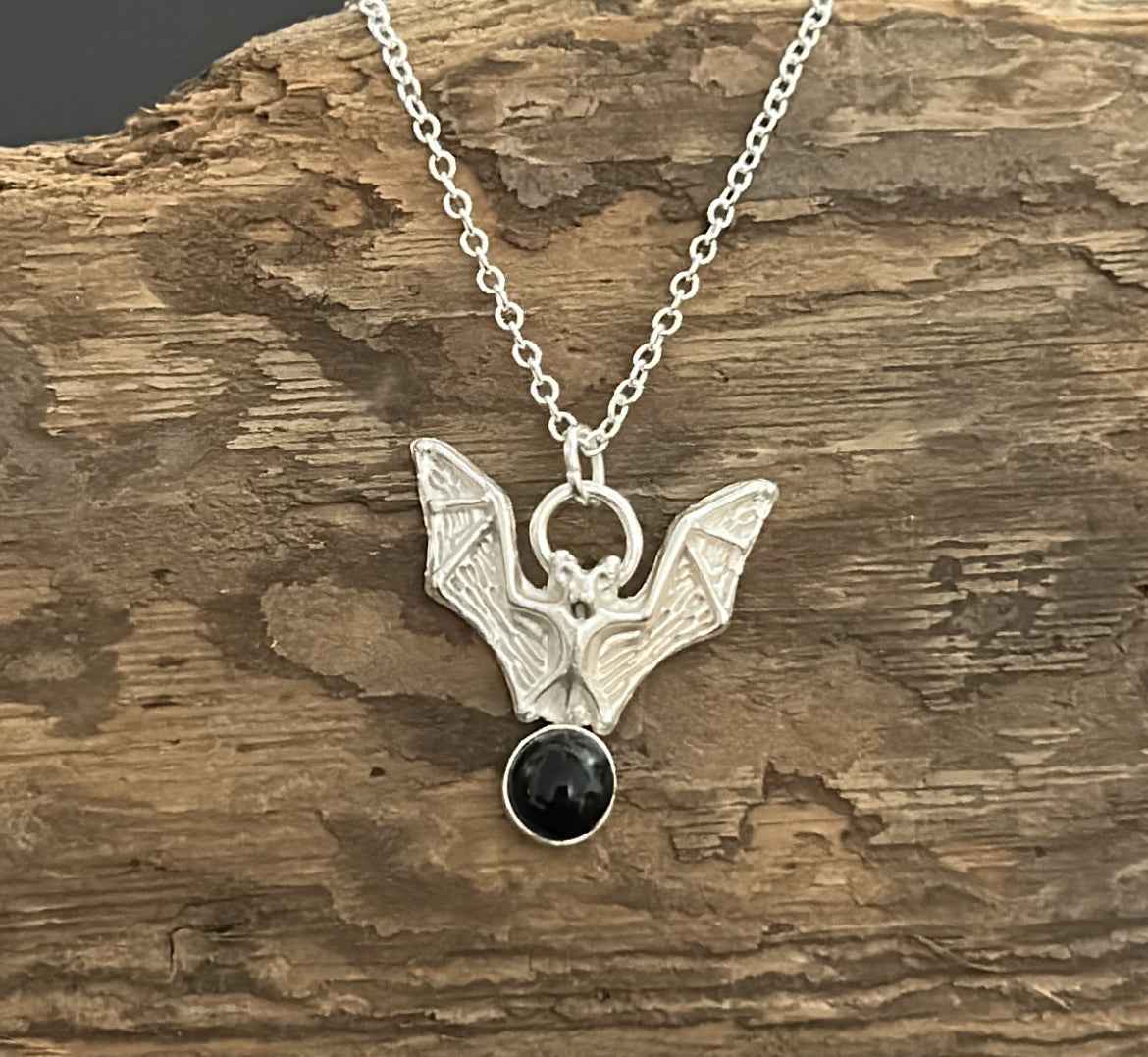Bat and Onyx sterling silver necklace