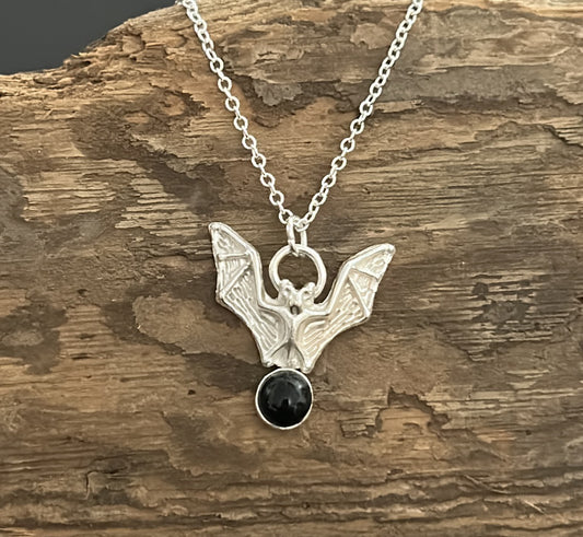 Bat and Onyx sterling silver necklace